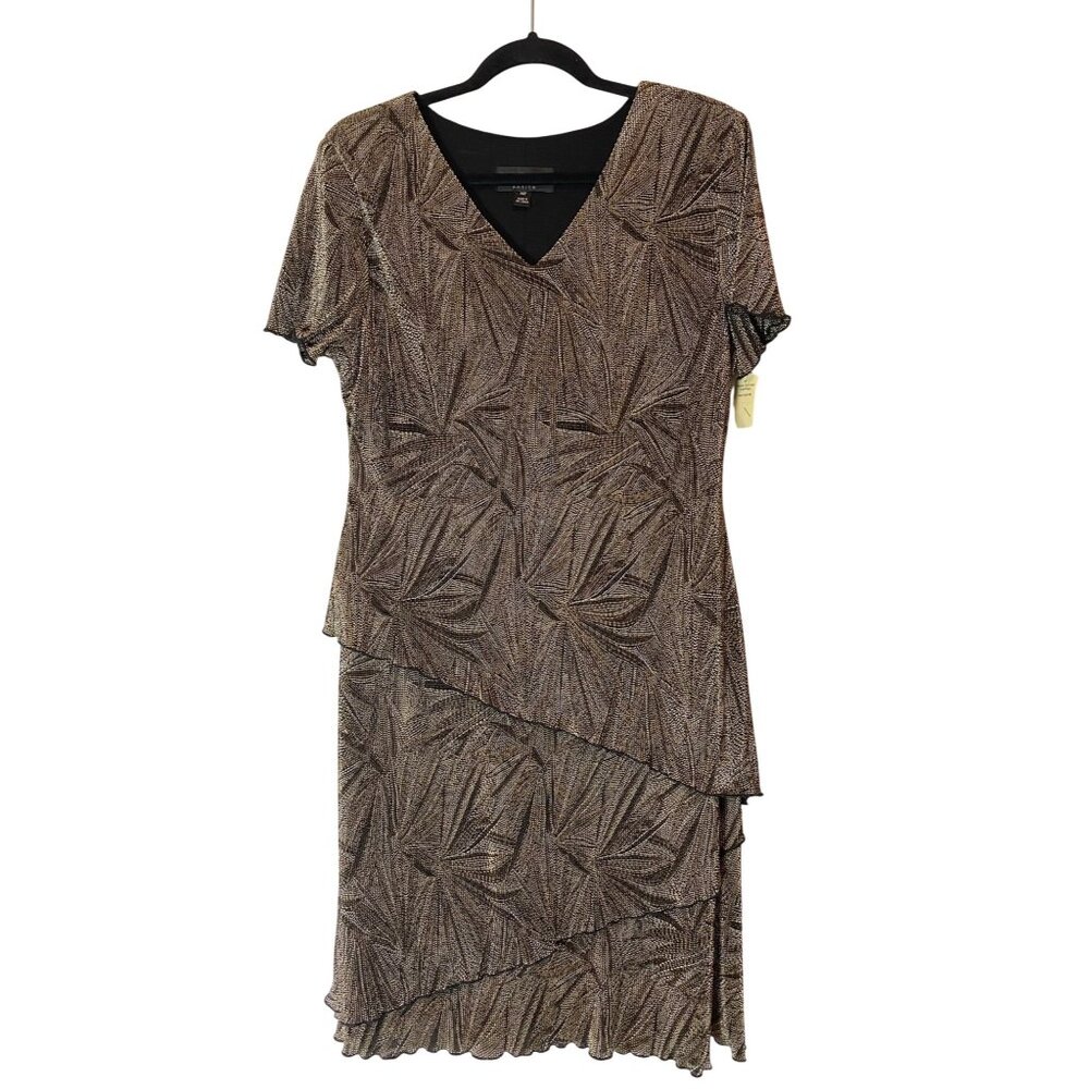 NWT Connected Metallic Asymmetrical Layer Dress Black Gold Leaf Short Sleeve 14P